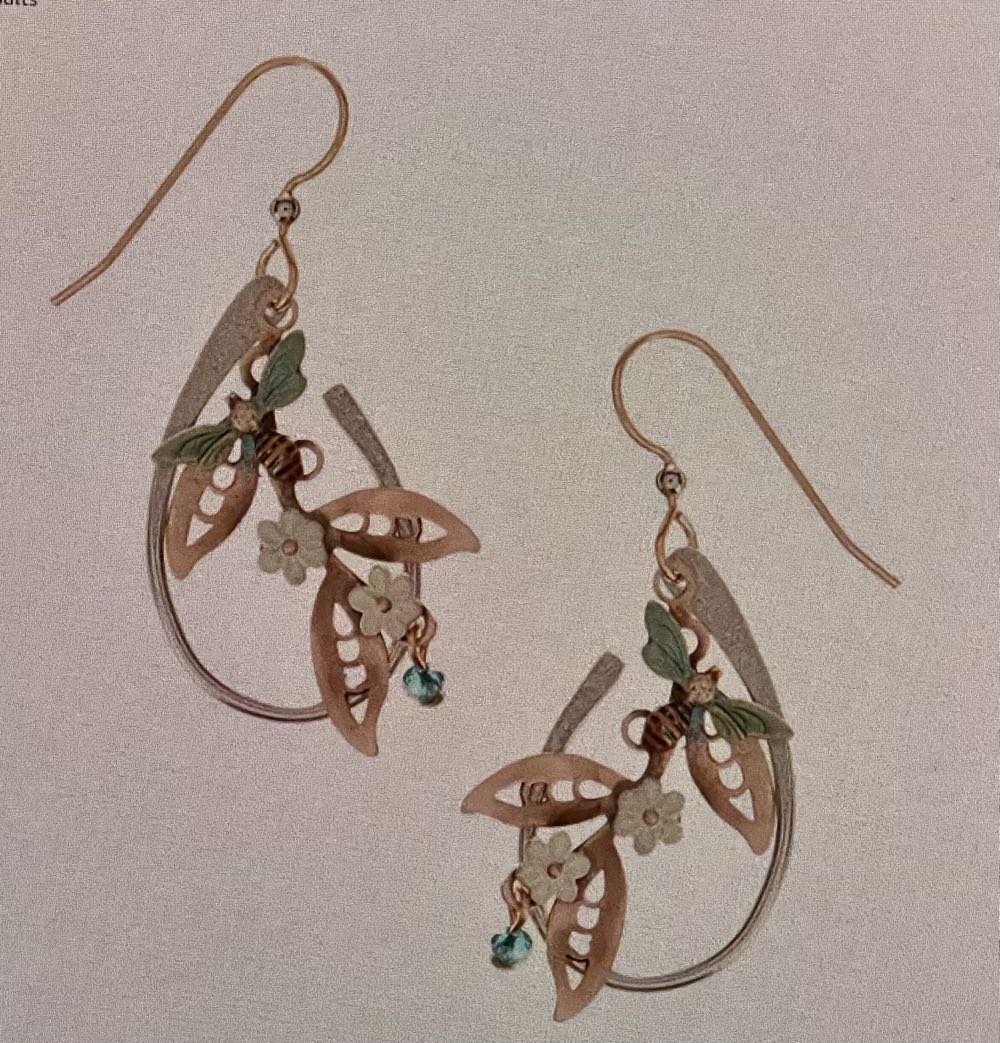 Silver Forest Bee Flower Loop Earrings NE-1281  ornament collectible - Main Image 2