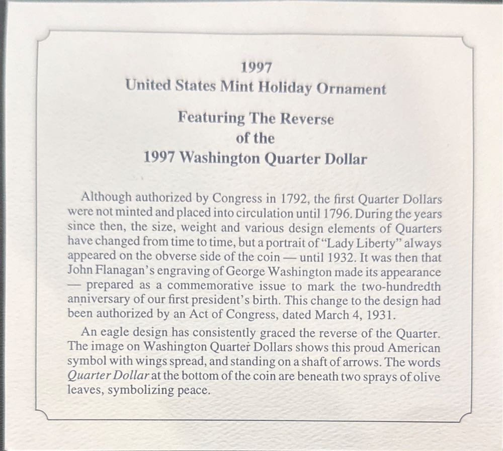 United States Mint - The Reverse Of The 1997 Washington Quarter Dollar - United States Mint Holiday Ornament (U S Mint) ornament collectible - Main Image 4