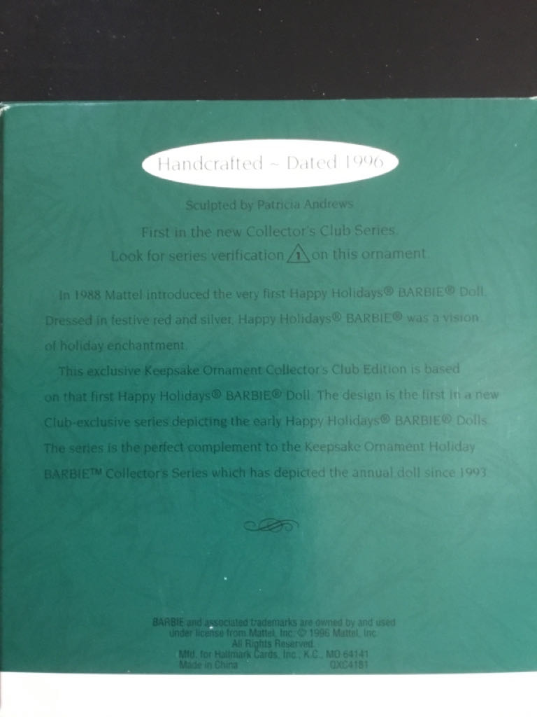 1996 Happy Holidays Barbie #1, Club Member ornament - Holiday Barbie (Barbie) ornament collectible - Main Image 2