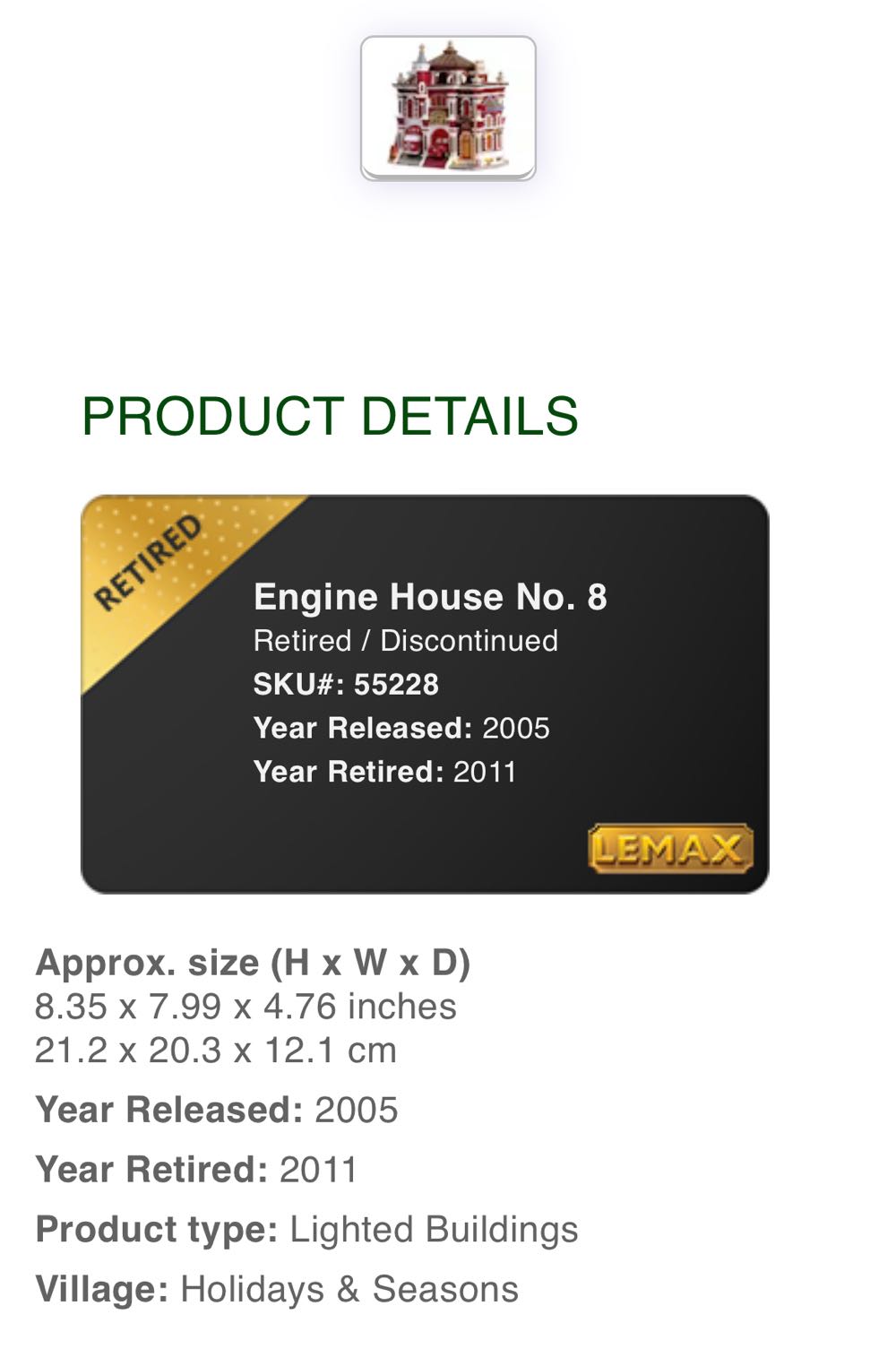 Engine House No 8 - 55228 - Caddington (Lighted Building) ornament collectible [Barcode 728162552280] - Main Image 2