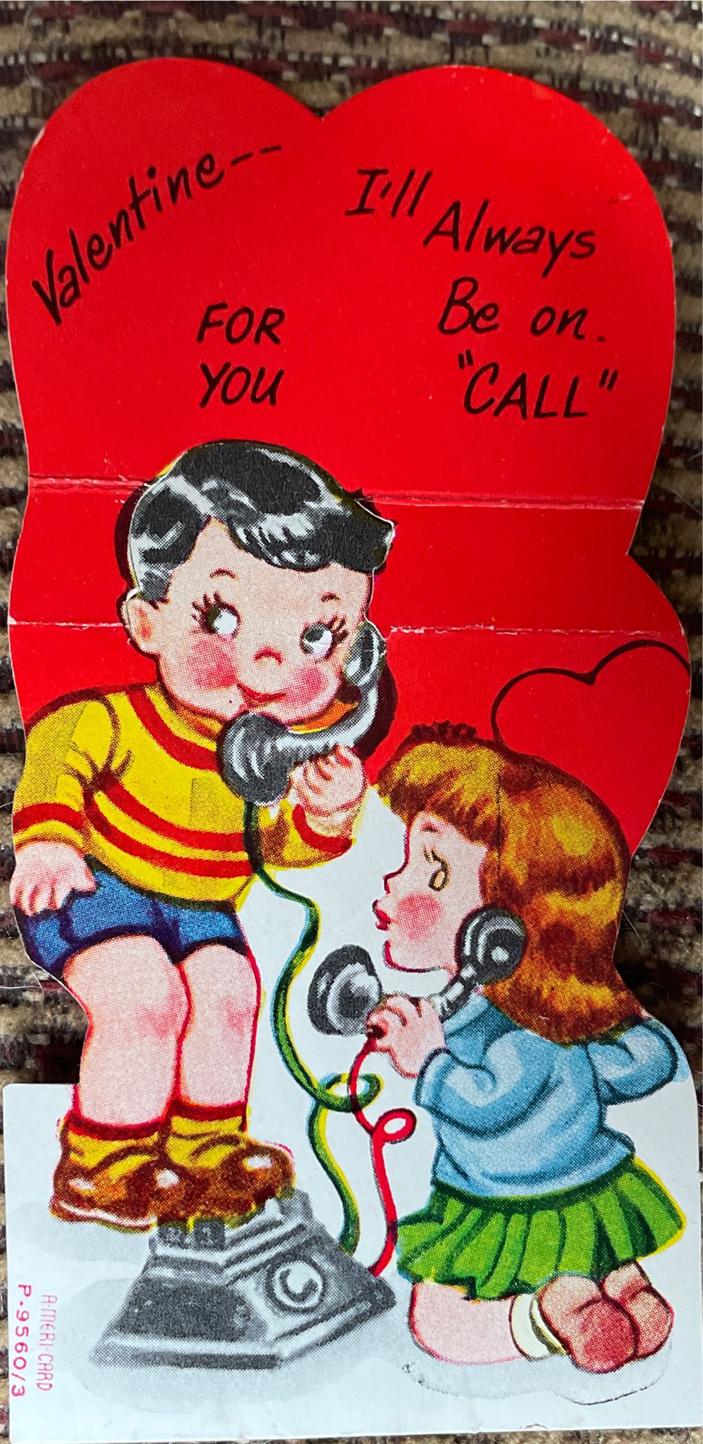 A-Meri-Card - Valentine - Boy & Girl On Phone - P-9560/3 - Fold Out (Valentine) ornament collectible - Main Image 2