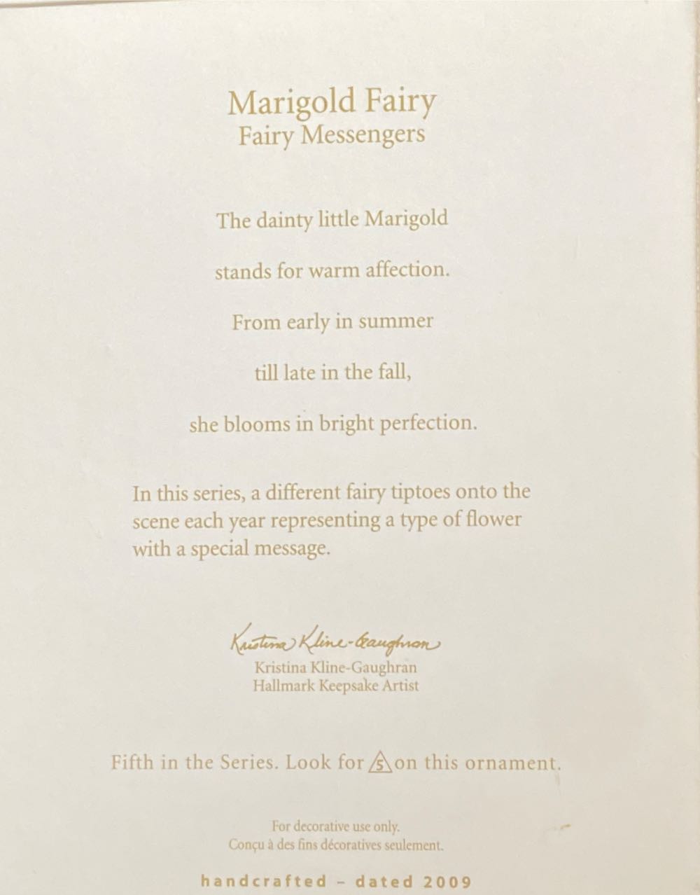 Hallmark Keepsake. Fairy Messengers. 2009. Marigold Messengers. 5th In Series. Sculpted By Kristina Kline Gaughran.  - Fairy Messengers (5th In Series: Marigold Fairy) ornament collectible - Main Image 2