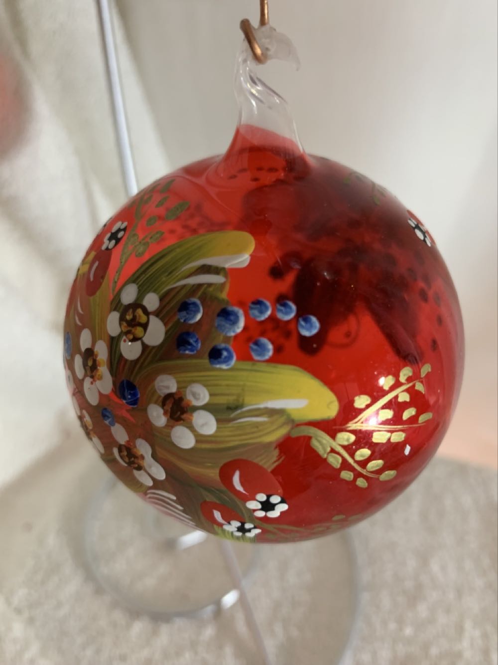 Hand Painted Floral on Clear Red Glass  (Christmas Tree Ornament) ornament collectible - Main Image 2