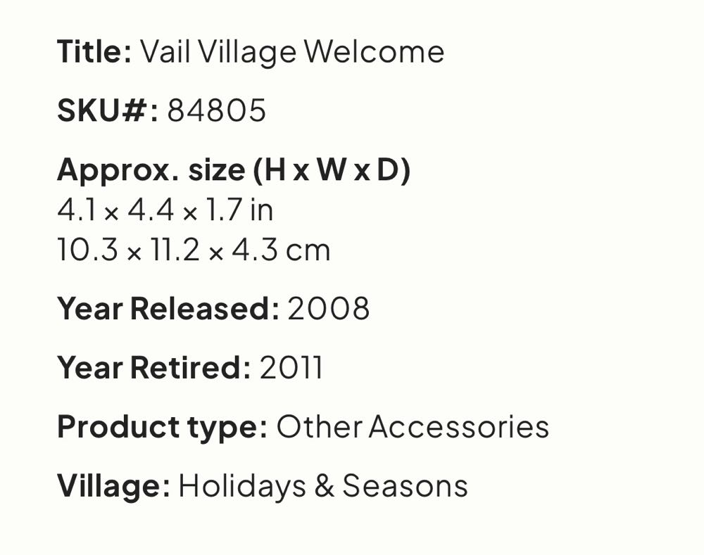 Vail Village Welcome #84805 - Vail Village (Village Accessories) ornament collectible [Barcode 728162848055] - Main Image 2