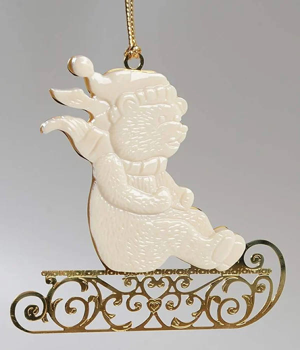 Christmas Gold Teddy Bear On Sled - Christmas Gold ornament collectible - Main Image 1