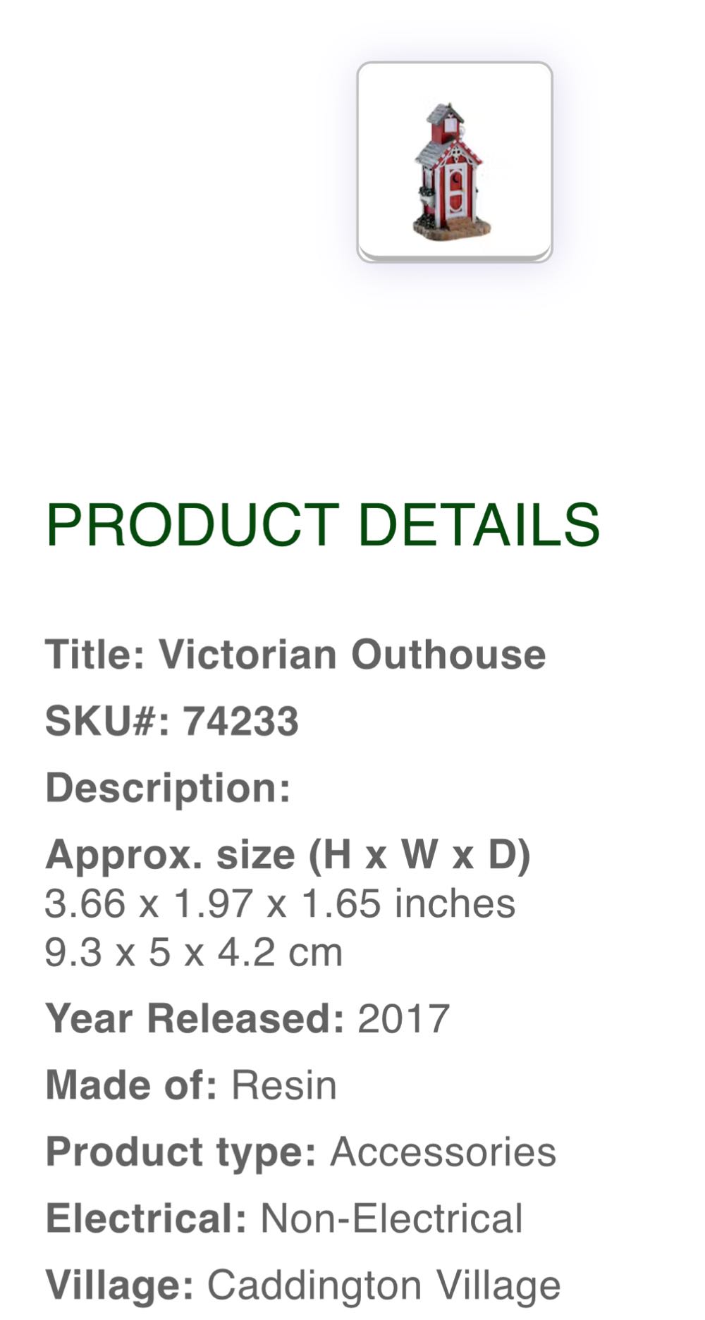Victorian Outhouse  #74233 - Caddington (Village Accessories) ornament collectible [Barcode 728162742339] - Main Image 2