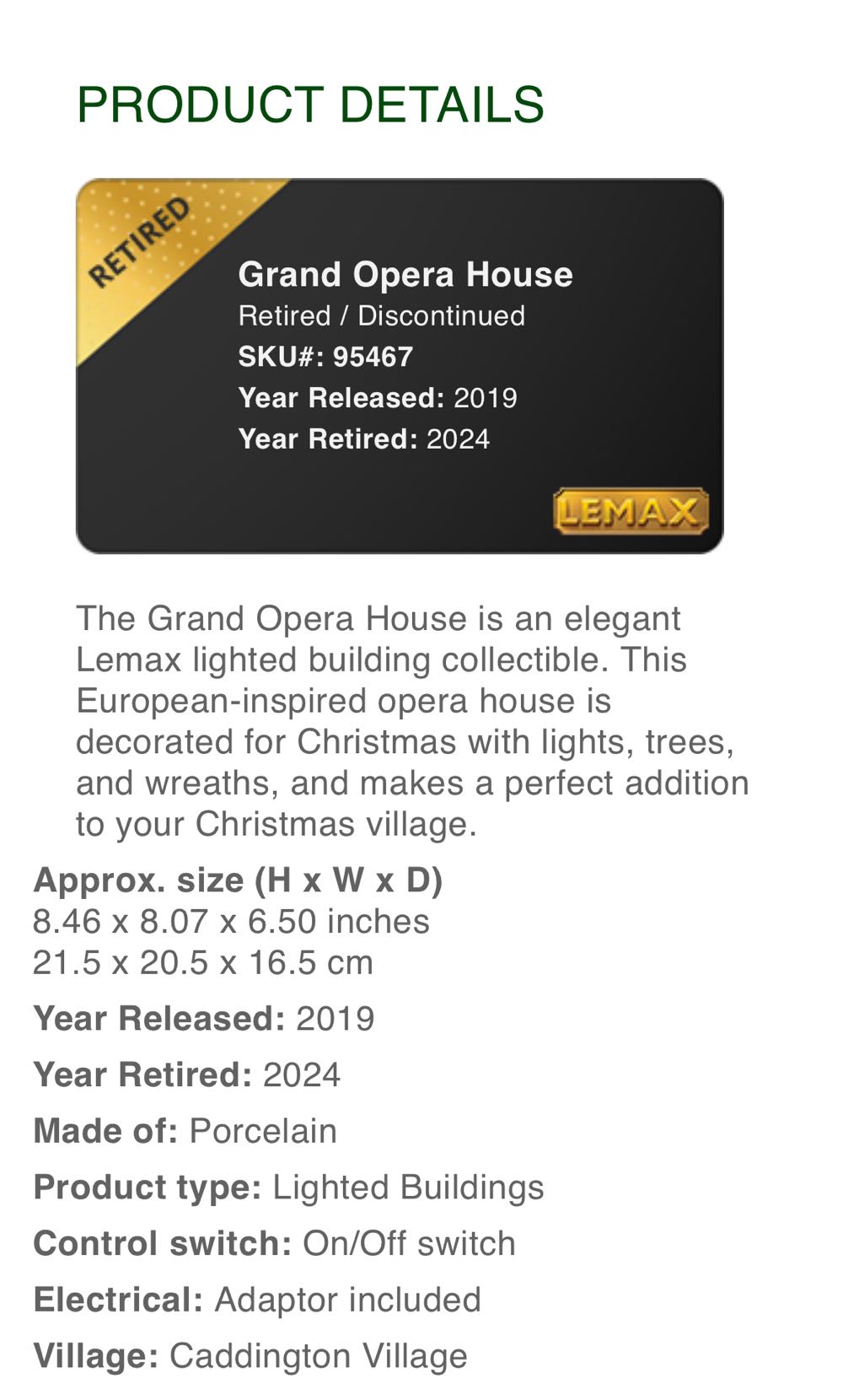 Grand Opera House #95467 - Caddington (Lighted Building) ornament collectible [Barcode 728162954671] - Main Image 2