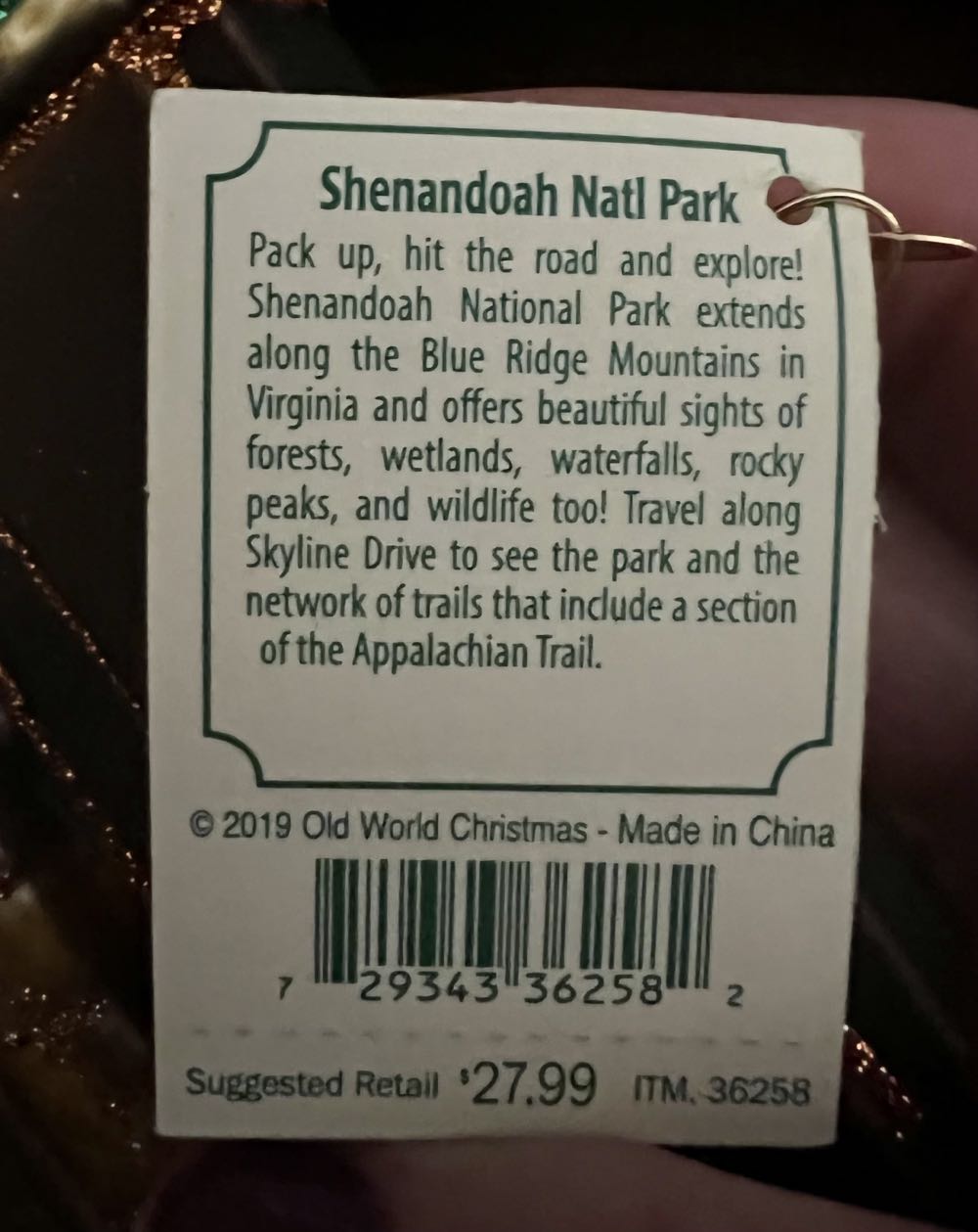Old World Christmas Shenandoah National Park  (Travel Memories) ornament collectible [Barcode 729343362582] - Main Image 2