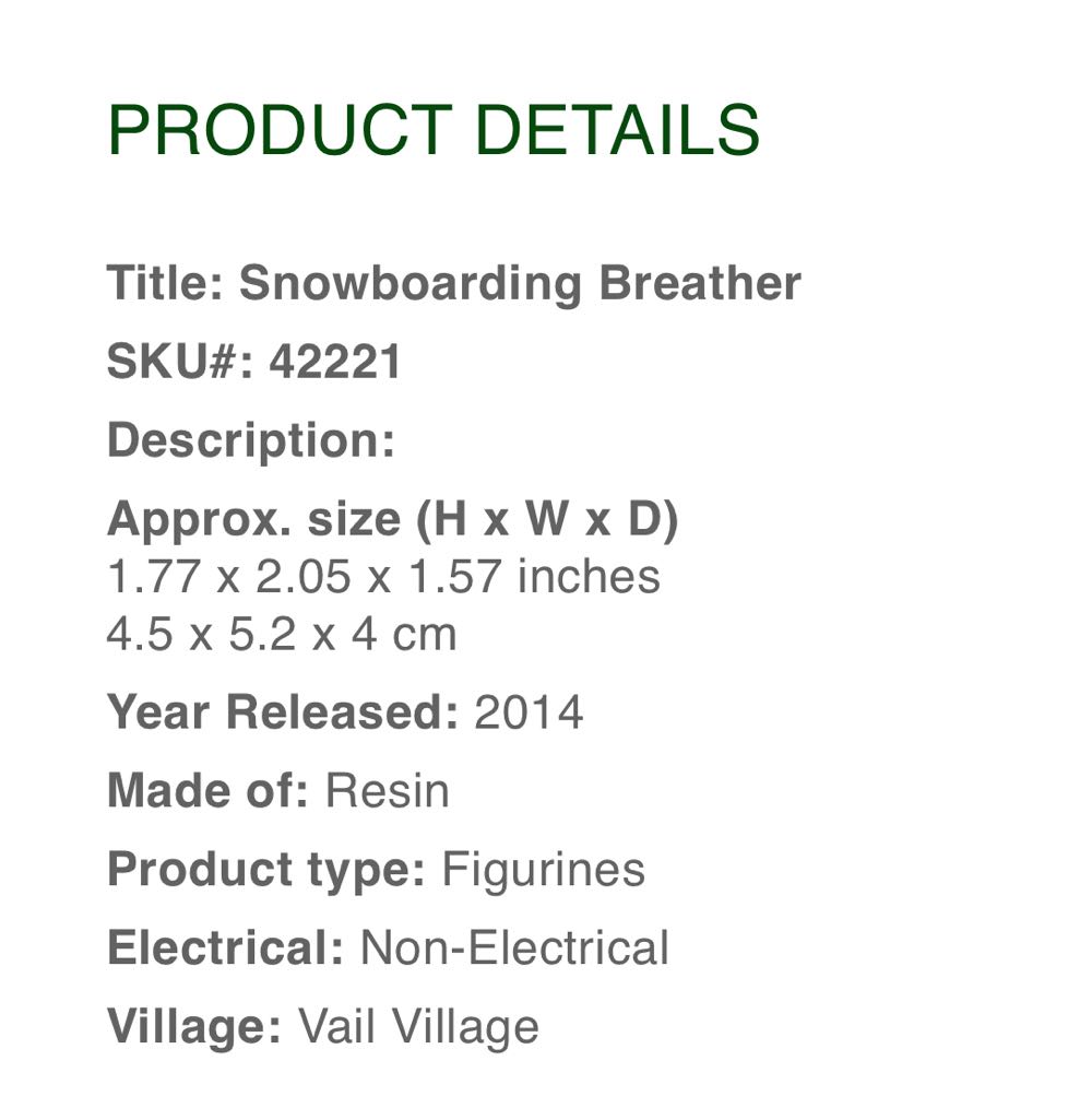 Snowboarding Breather #42221 - Vail Village (Figurines) ornament collectible [Barcode 728162422217] - Main Image 2