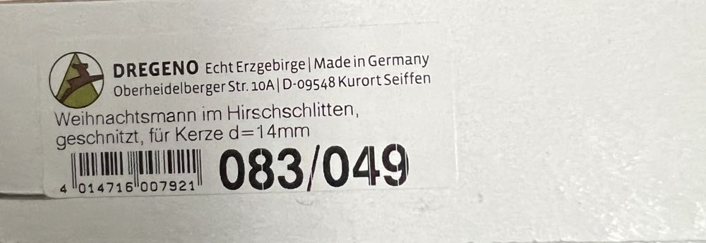 Santa In Sleigh With Reindeer  (German Candle Holder) ornament collectible [Barcode 4014716007921] - Main Image 2