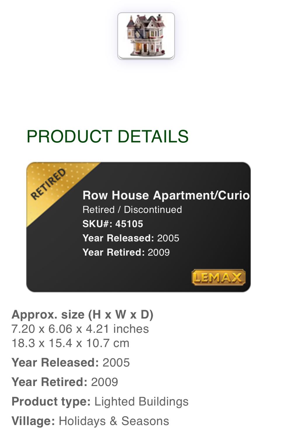 Row House Apartments & Curio Shop #45105 - Caddington (Lighted Building) ornament collectible [Barcode 728162451057] - Main Image 2