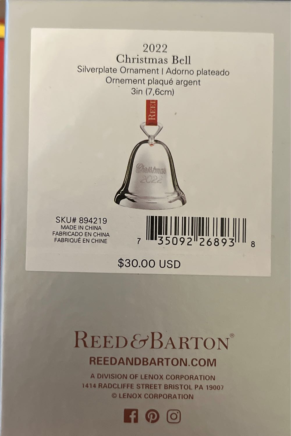 Reed & Barton 2022 Annual Silver Christmas Bell  ornament collectible [Barcode 735092268938] - Main Image 3
