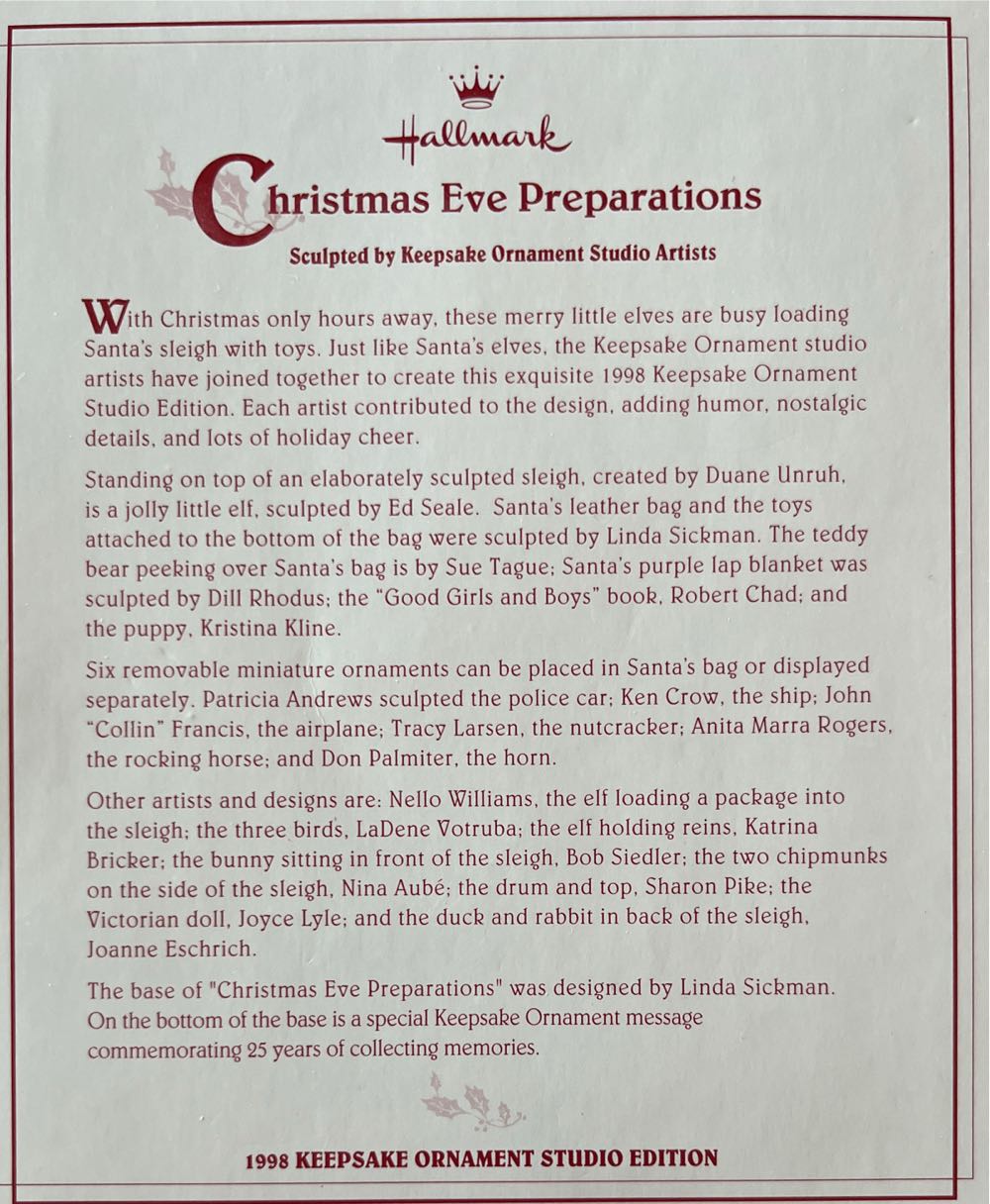 Hallmark Keepsake. Studio Edition. Christmas. 1998. Christmas Eve Preparations. 25th Anniversary Edition. Signed By Ed Seale. Designed By Keepsake Ornaments Studio Artists. - 25th Anniversary Studio Edition (Christmas Eve Preparations) ornament collectible - Main Image 2