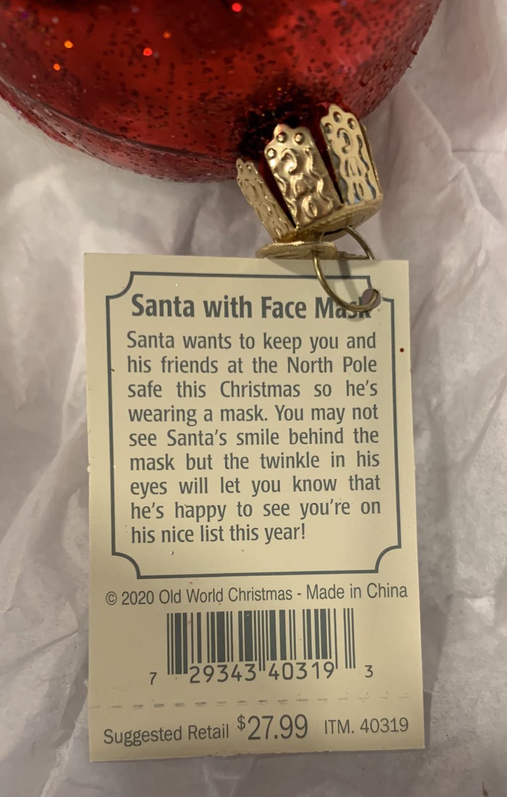 Old World Christmas Santa With Face Mask Blown Glass Unique Christmas Ornaments For Christmas Tree Decorations  (Santa) ornament collectible [Barcode 729343403193] - Main Image 4