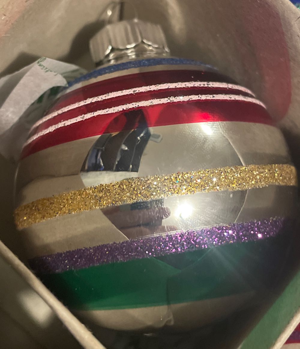 Christopher Radko - Shiny Brite - Round - Reflector - Stripes - Silver. Blue, Red, White, Gold, Purple, Green - Reflector (Round) ornament collectible - Main Image 2