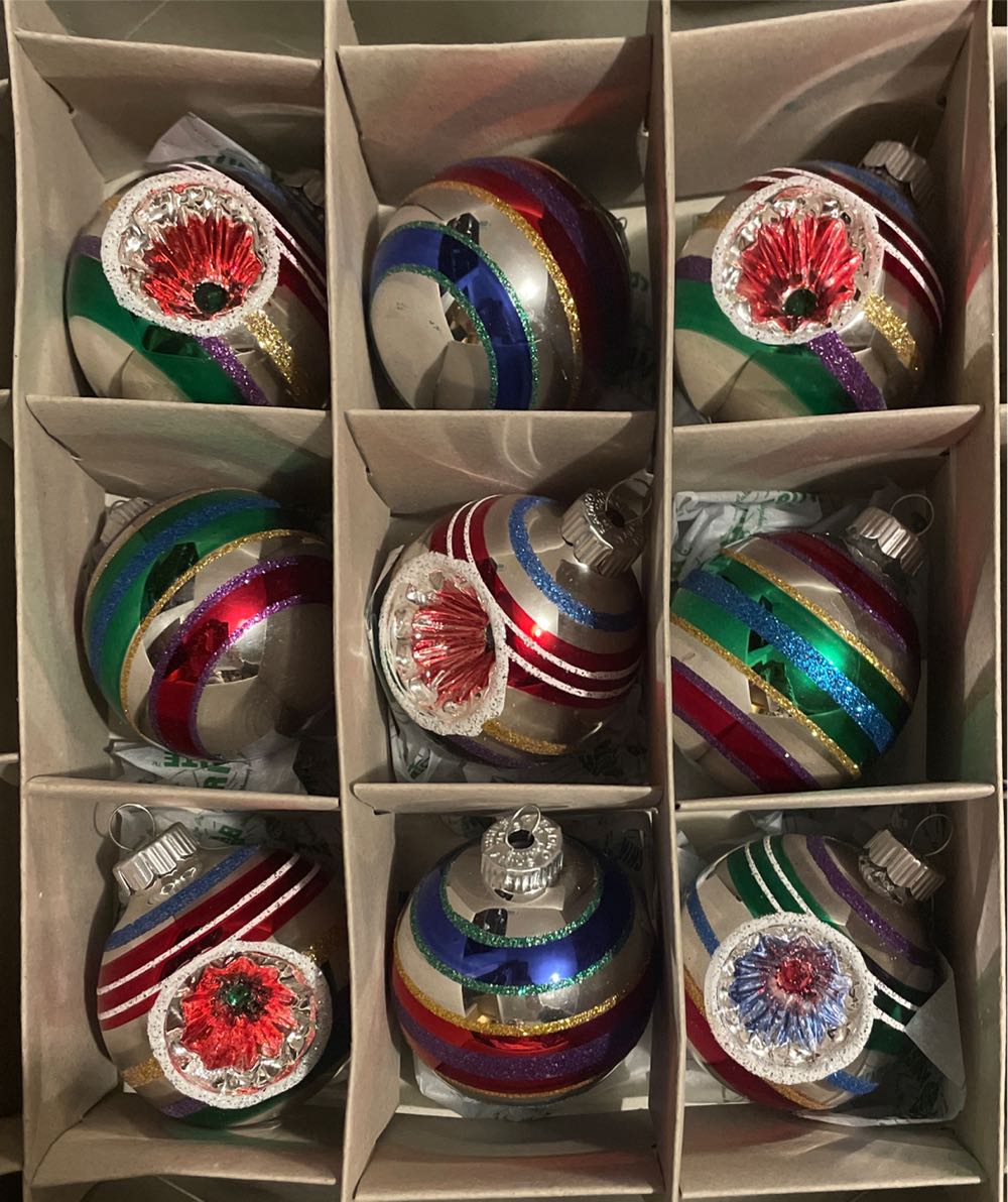 Christopher Radko - Shiny Brite - Round - Reflector - Stripes - Silver. Blue, Red, White, Gold, Purple, Green - Reflector (Round) ornament collectible - Main Image 3