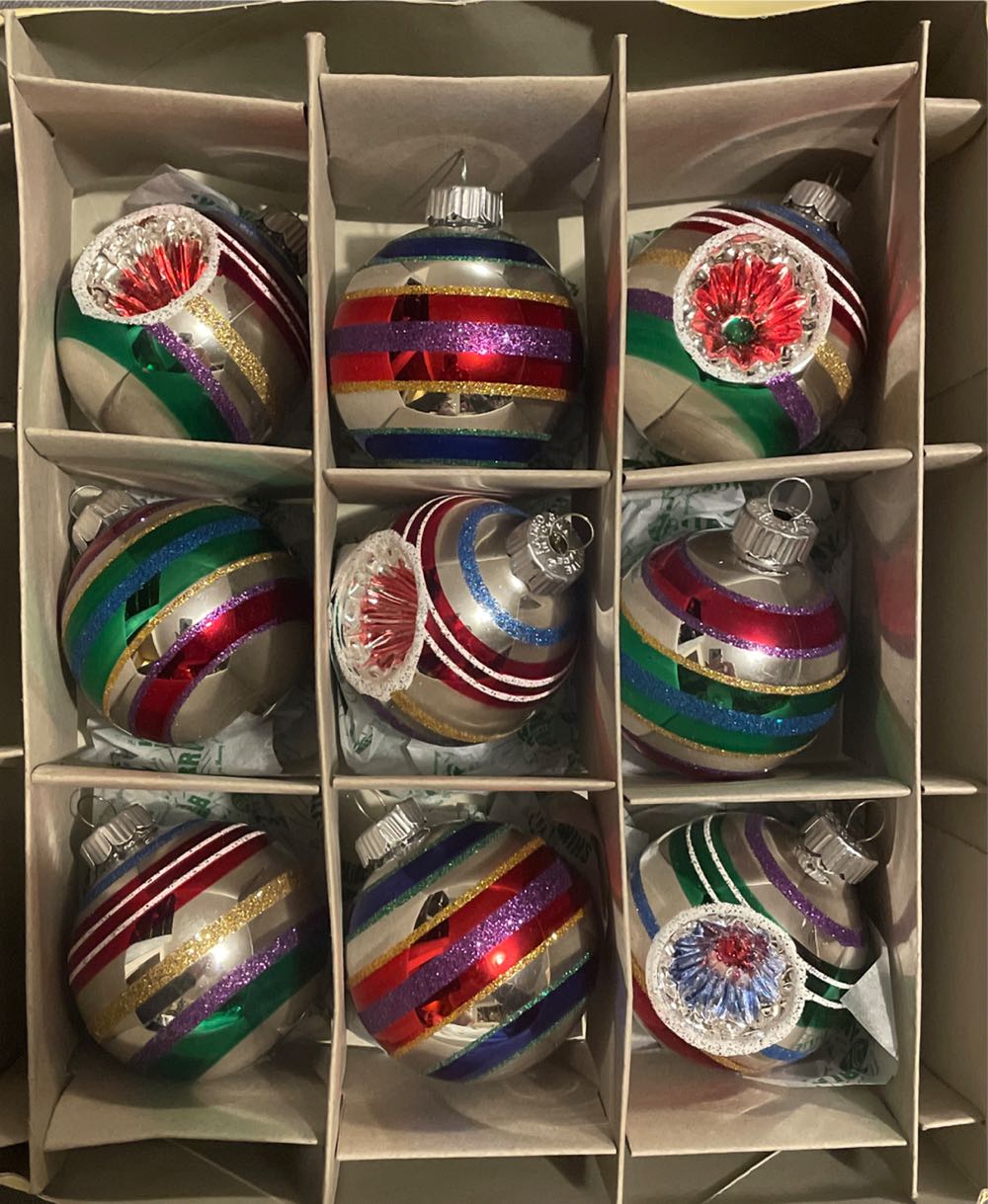 Christopher Radko - Shiny Brite - (Set 1) - Round - Stripes - Silver, Green, Blue, Gold, Red, Purple - Stripes (Round) ornament collectible - Main Image 2