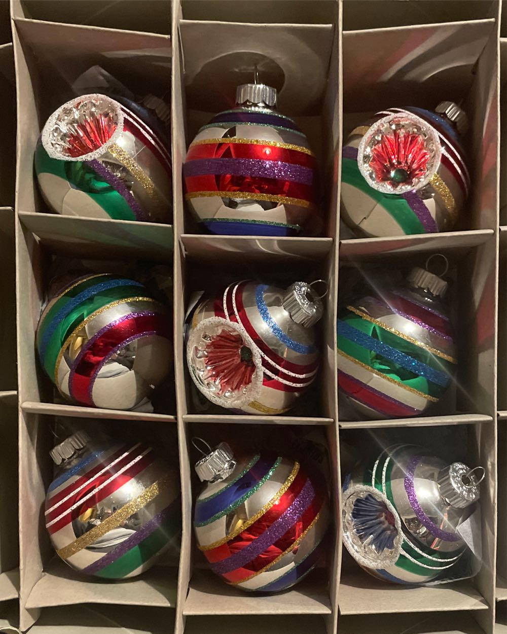 Christopher Radko - Shiny Brite - (Set 1) - Round - Stripes - Silver, Purple, Red, Gold, Green, Blue - Stripes (Round) ornament collectible - Main Image 2