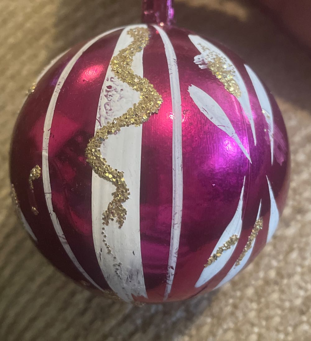 Shiny Brite - Poloron - Round - Unbreakable - Lines - Purple, White, Gold Glitter - Unbreakable (Round) ornament collectible - Main Image 2