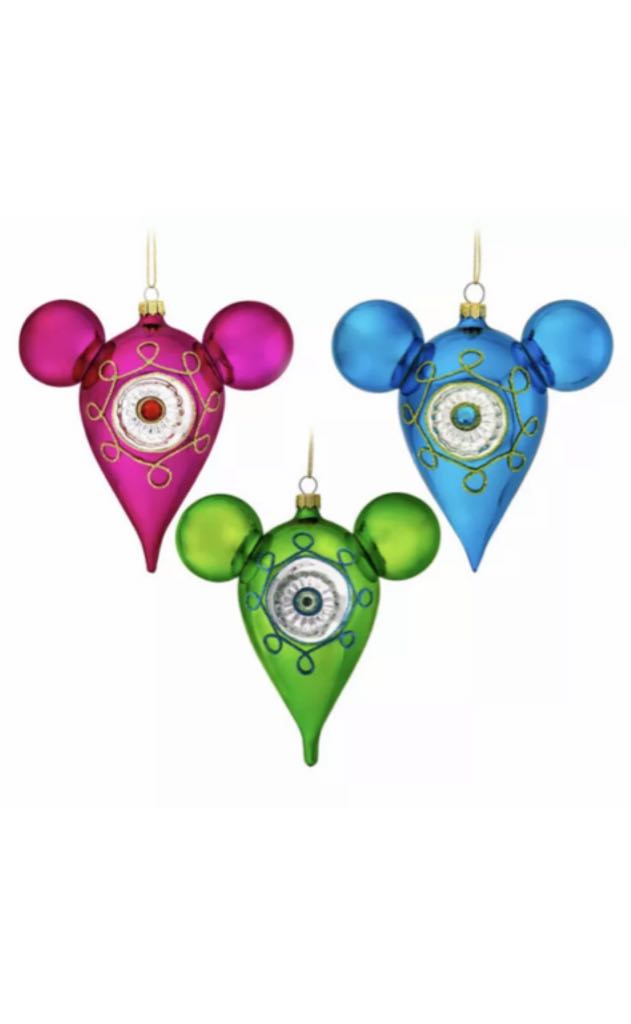 NEW Disney Parks Mickey Icon Pink Blue Green Glass Drop Ornament Set Of 3  ornament collectible - Main Image 1