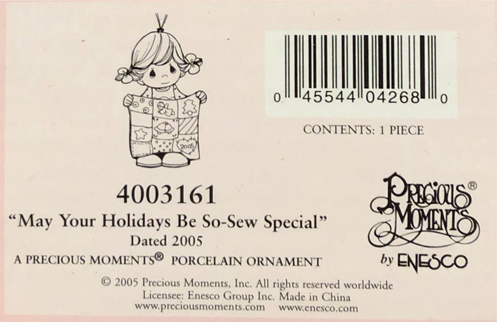 May Your Holidays Be So-sew Special 4003161 - Precious Moments Ornaments (Christmas) ornament collectible [Barcode 045544042680] - Main Image 2