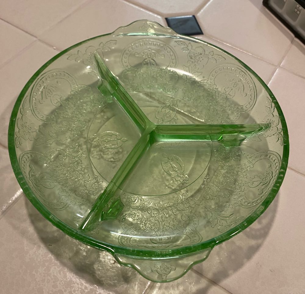 Indiana Glass Company, Horseshoe Pattern, Green Depression Glass, Three Section, Footed Relish Dish with Handles  ornament collectible - Main Image 2