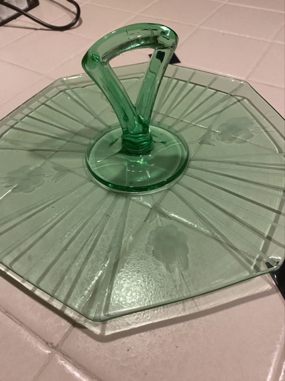 Unk Uranium Glass Cookie Tray with Center Handle 10” wide with cut Floral Flower Decoration.  ornament collectible - Main Image 2