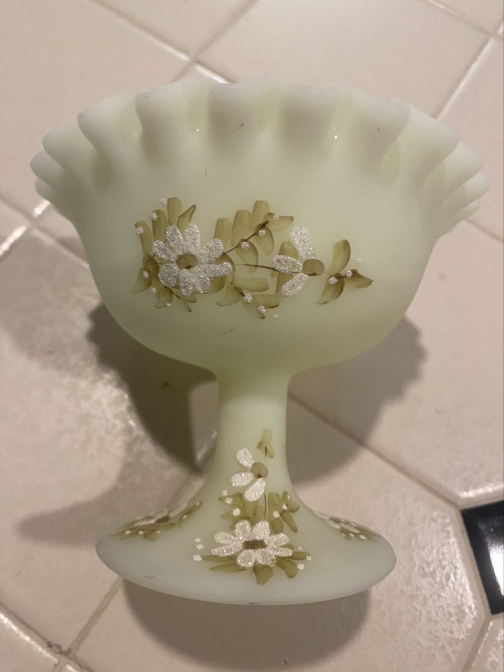 Fenton Uranium Satin Custard Glass Compote, Candy Dish, Ruffled Pedestal Dish, Hand Painted Textured Daisies  ornament collectible - Main Image 2