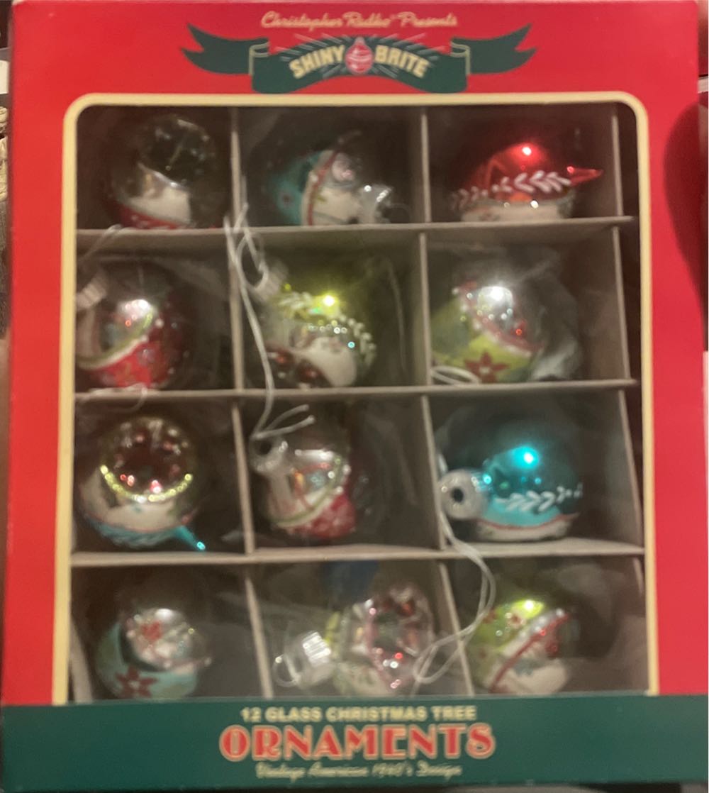 Christopher Radko - Shiny Brite - (Set 2) - Festive Fete - Round - Stencil - Flower - Silver, Teal, Red, Green, White - Stencil (Round) ornament collectible - Main Image 2