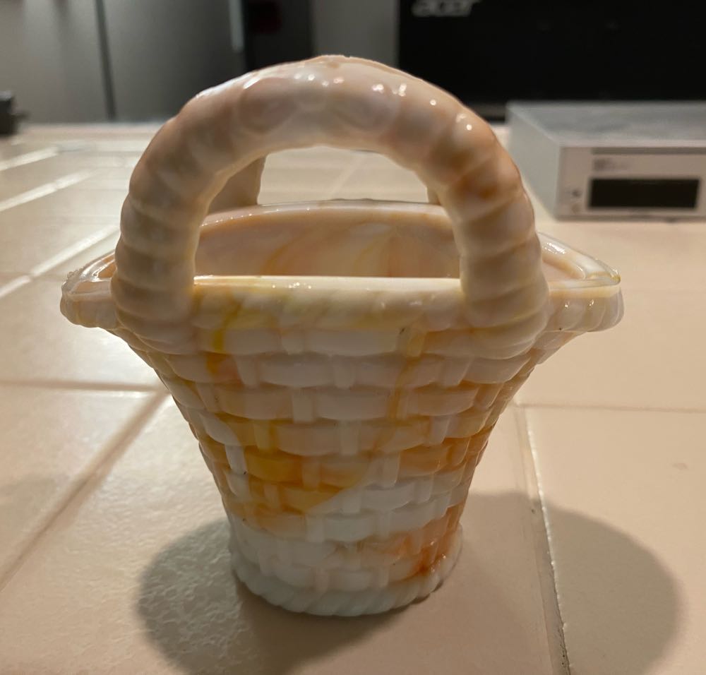 Akro Agate #328 Slag Glass Basket Milk White Orange Weave Bows Easter 4”.  ornament collectible - Main Image 2