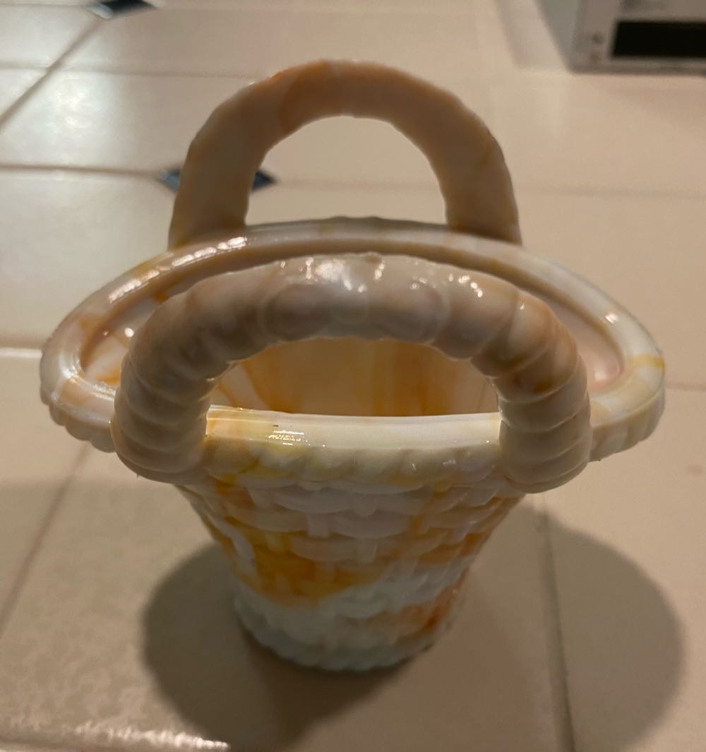 Akro Agate #328 Slag Glass Basket Milk White Orange Weave Bows Easter 4”.  ornament collectible - Main Image 4