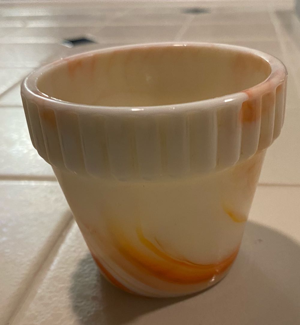 Akro Agate Flower Pot 300F Orange White Slag Glass Mini Flowerpot Ribbed Top 2.75” High  ornament collectible - Main Image 2