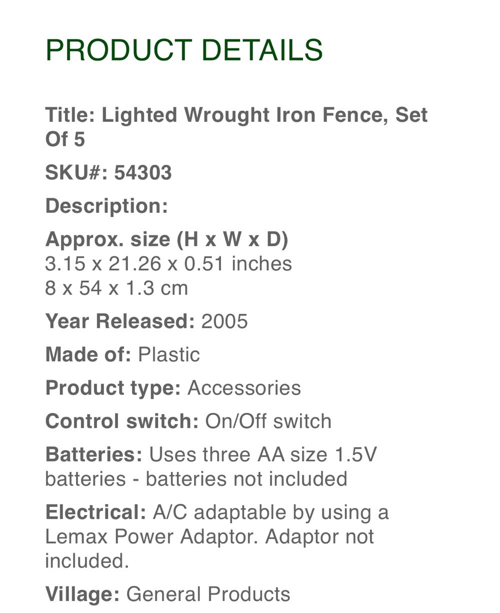 Lighted Wrought Iron Fence Set Of 5 - #54303 - General (Accessories) ornament collectible [Barcode 728162543035] - Main Image 2