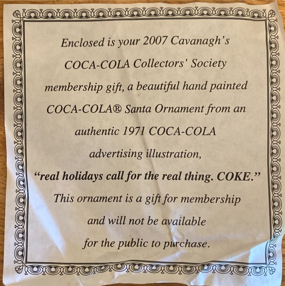 1971 “Real Holidays Call for the Real Thing, Coke!” - Cavanaugh’s Coca-Cola Christmas Collectors Society (Coca-Cola Santa Claus) ornament collectible - Main Image 3