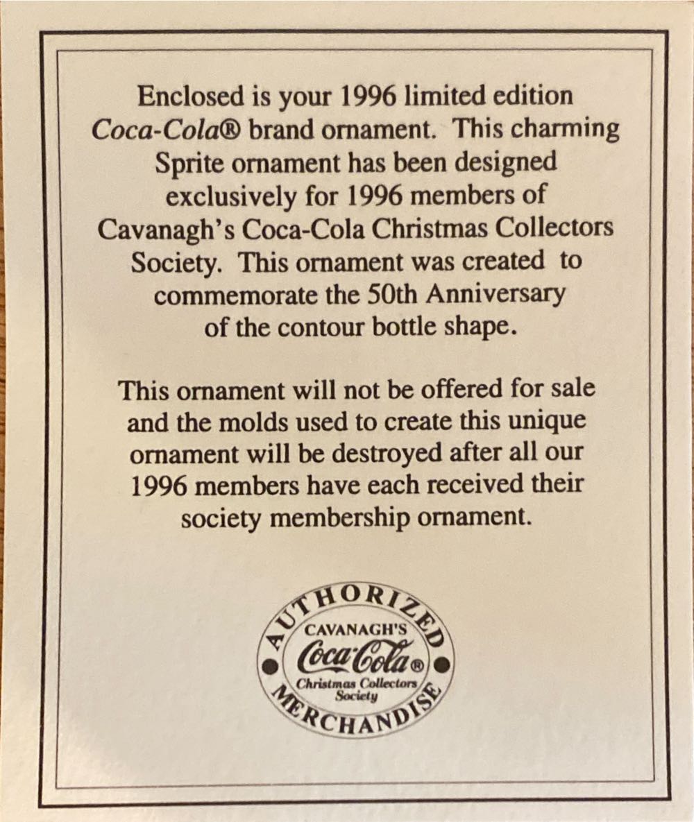 1946 - Sprite with Coca-Cola Bottle - Cavanaugh’s Coca-Cola Christmas Collectors Society (Coca-Cola Santa Claus) ornament collectible - Main Image 3