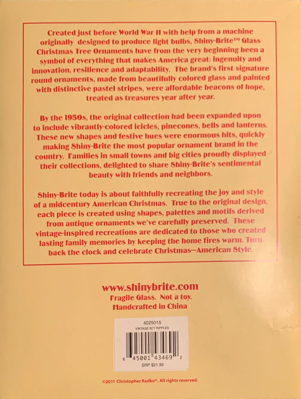 Vintage American 1940’s Design - Christopher Radko Presents Shiny Brite (Christopher Radko) ornament collectible [Barcode 645001434692] - Main Image 2