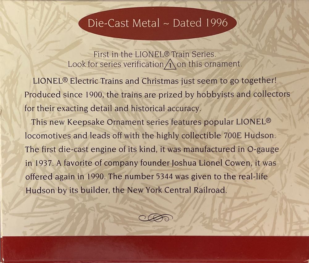 LT#1  700E Hudson Steam Locomotive #1 - Lionel Trains (Lionel Trains) ornament collectible [Barcode 015012362213] - Main Image 2