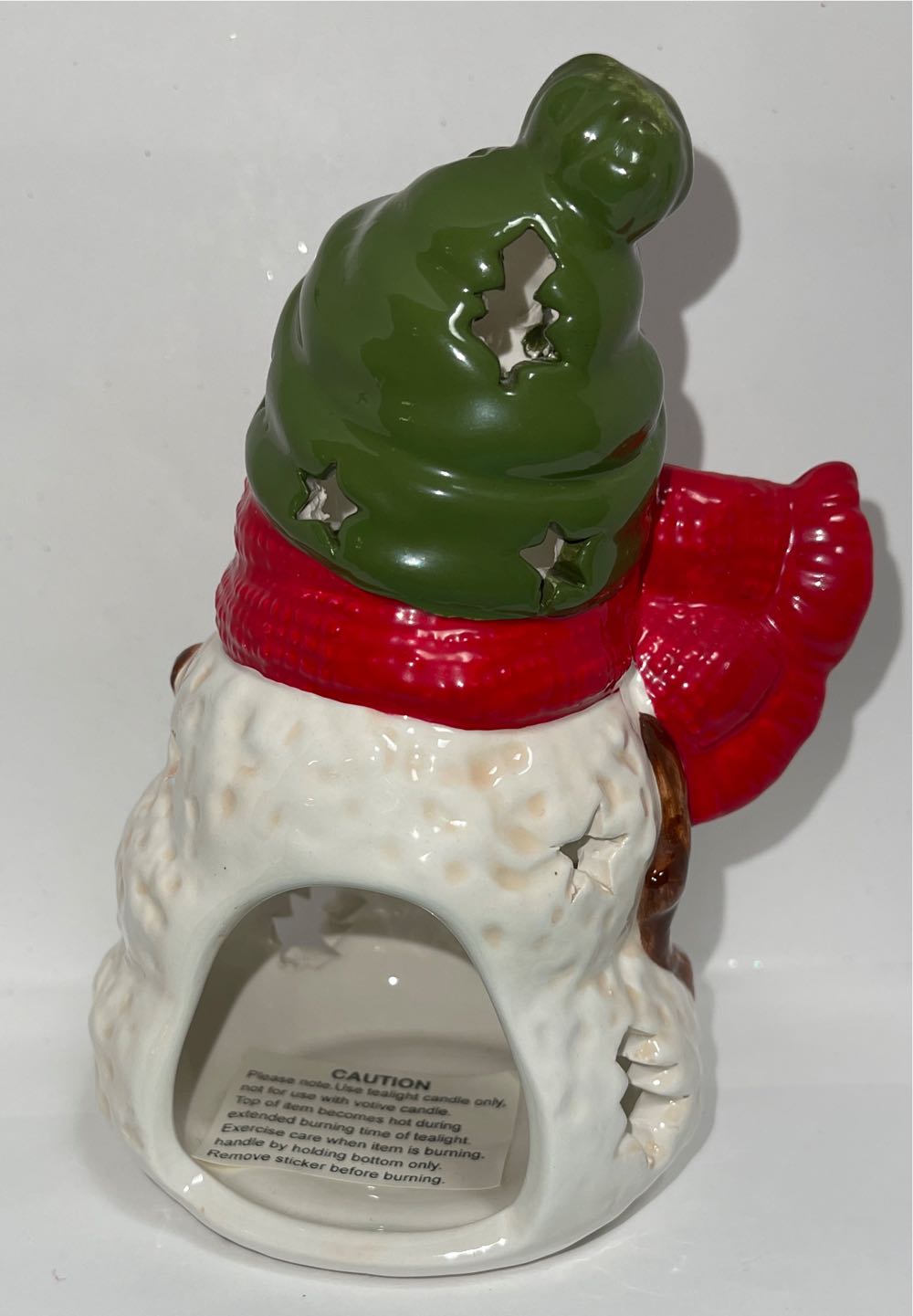 Vintage Ceramic Vintage Hallmark Jan Karon Snowman Christmas Snowman Ceramic Snowman Tea Light Candle Luminary Holder Snowman Porcelain Holiday Decoration Tealight Mitford Scarf Hat Inches By 5 With & Red Stars Votive Decor Green Tall Of Holders  (Snowman) ornament collectible [Barcode 028225065710] - Main Image 2