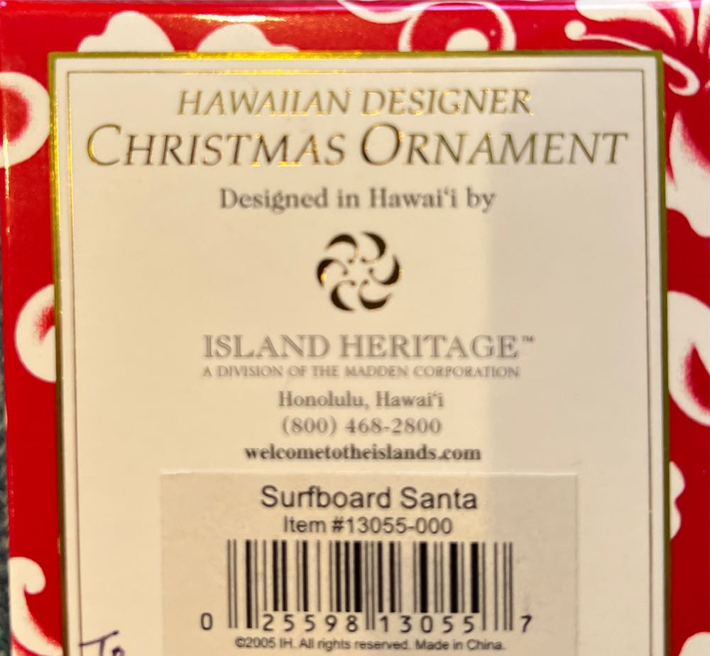 Surfboard Santa - Hawaiian Designer Christmas Ornament ornament collectible [Barcode 025598130557] - Main Image 2