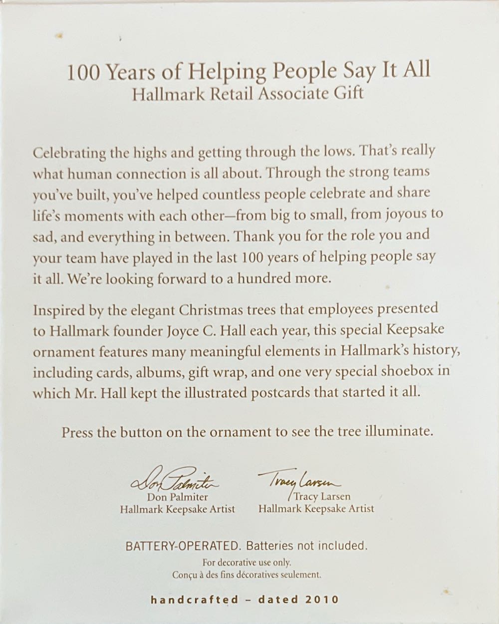 100 Years Of Helping People Say It All - Associate Gift - Hallmark Retail Associate Gift (100 Years Of Helping People Say It All!) ornament collectible - Main Image 2