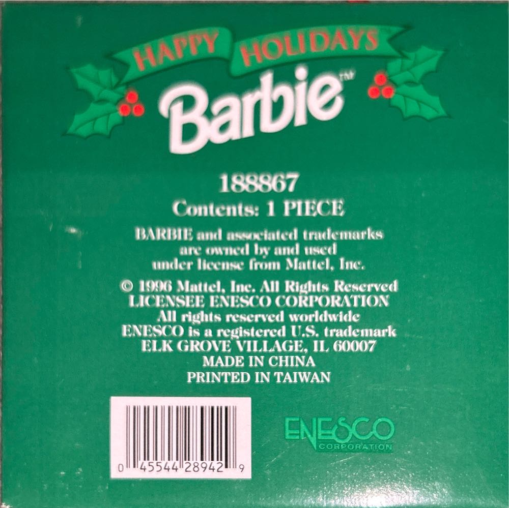 Holidays Mattel Barbie Happy Holidays Christmas Limited Edition #188824 Enesco Vintage Porcelain Hanging By Holiday  (Barbie) ornament collectible [Barcode 045544289405] - Main Image 2