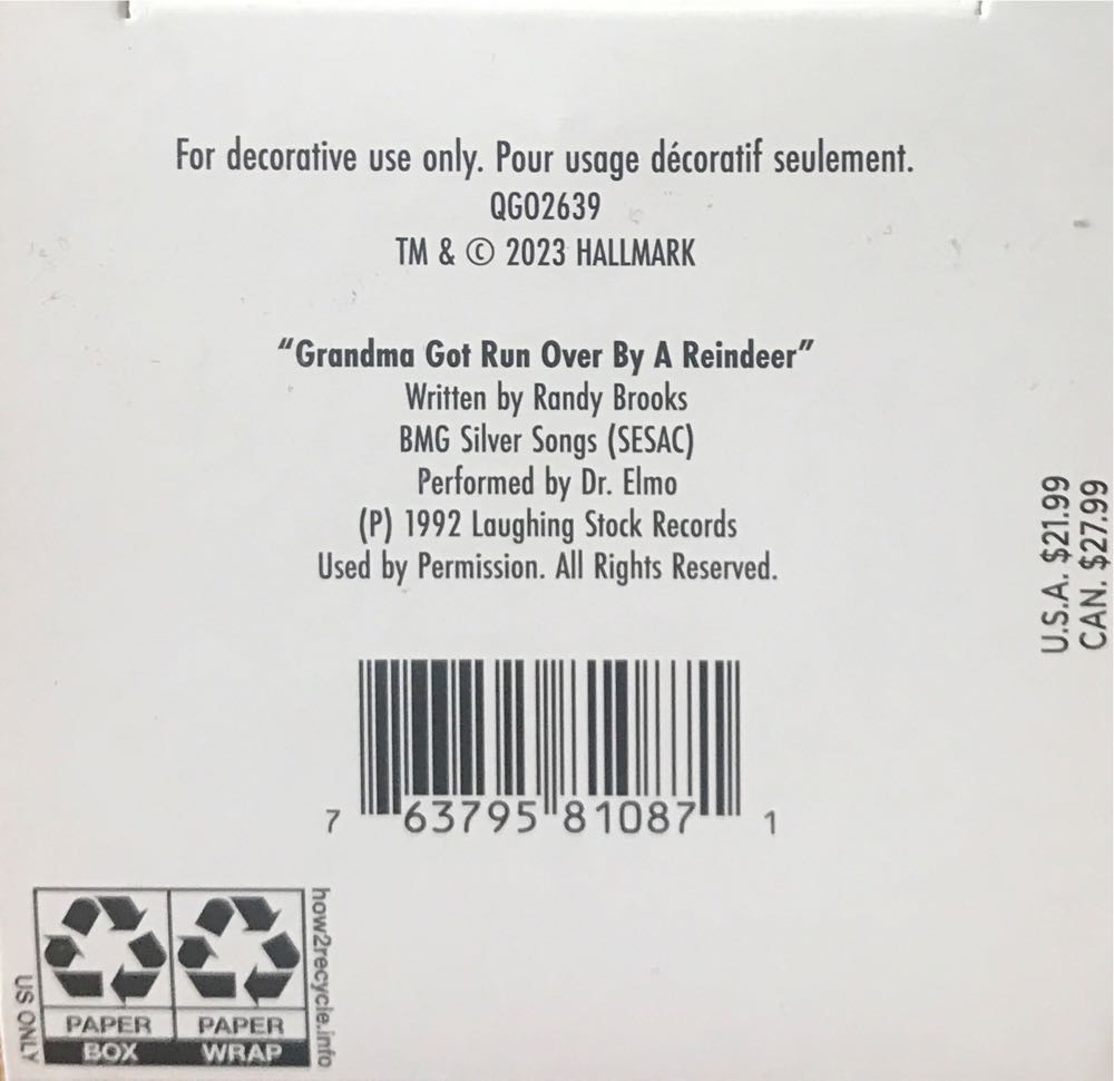 Grandma Got Run Over By A Reindeer  ornament collectible [Barcode 763795810871] - Main Image 3