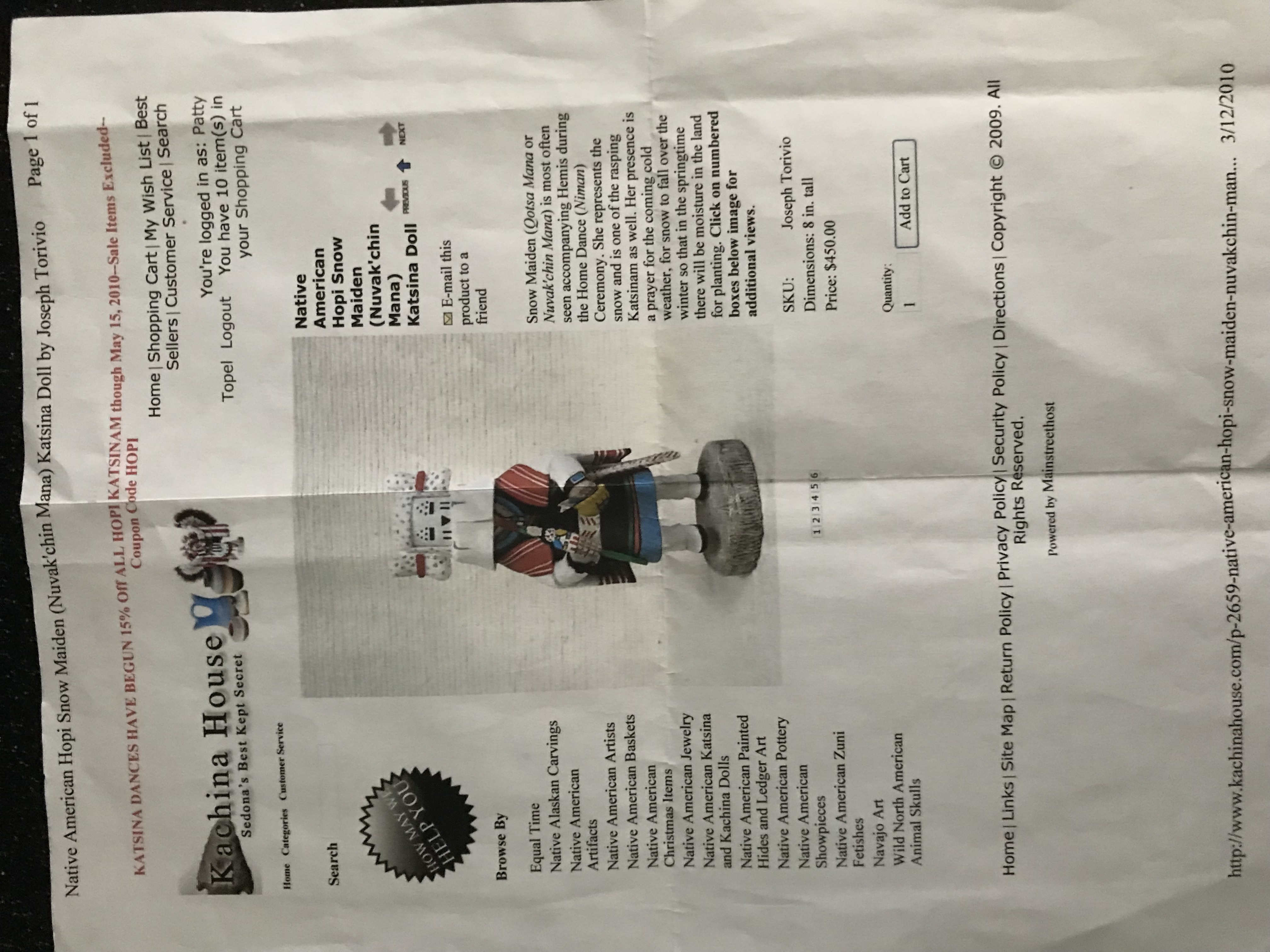 Snow Maiden Kachina Doll  (Native American) ornament collectible - Main Image 2