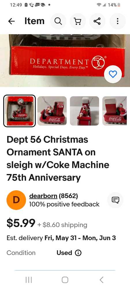 Coca-Cola Ornament Department 56 Santa In Sled With Coke Machine 75th Anniversary - Coca-Cola Department 56 (Coca-Cola Ornament) ornament collectible - Main Image 1