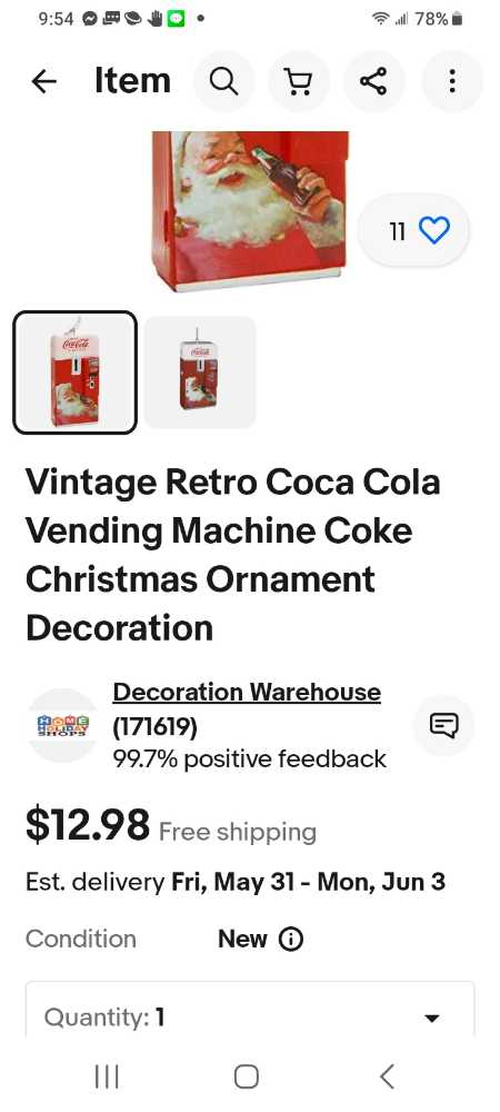 Coca-Cola Ornament Retro Vending Machine W/Santa On Front - Coca-Cola Ornament Coke Machine (Coca-Cola Ornament) ornament collectible - Main Image 3