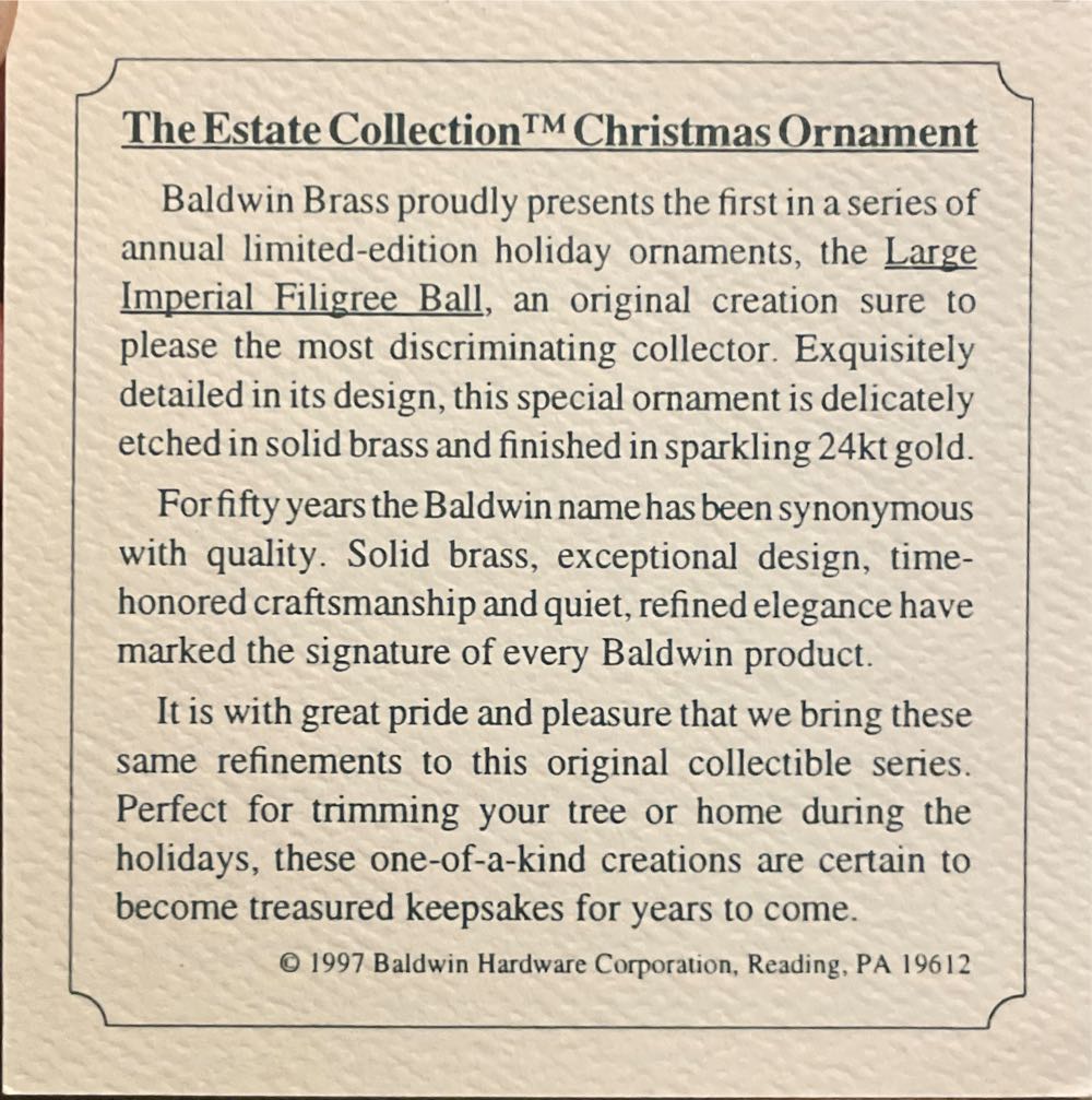 Baldwin - The Estate Collection - 1997 - #1 - Imperial Filigree Ornament - The Estate Collection (Annual) ornament collectible - Main Image 2