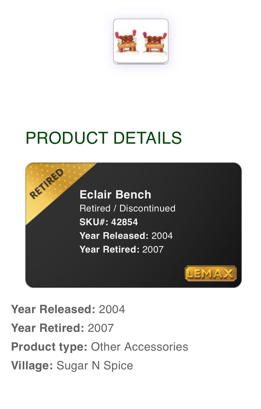 Eclair Benches Set Of 2  #42854 x3 - Sugar ‘N’ Spice (Village Accessories) ornament collectible - Main Image 2