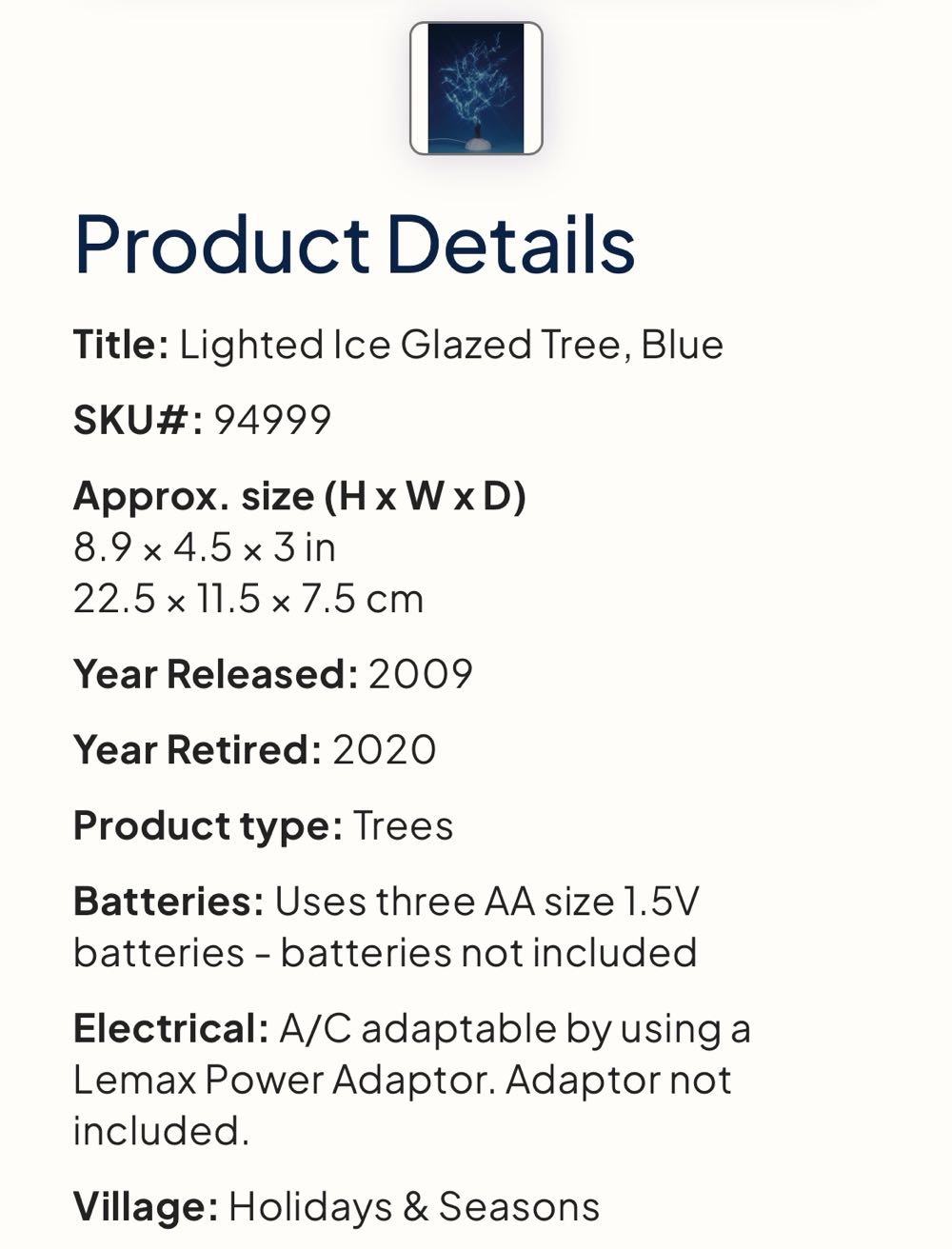 Lighted Ice Glazed Tree Blue #94999 - General Products (Lighted Accessory) ornament collectible [Barcode 728162949998] - Main Image 2