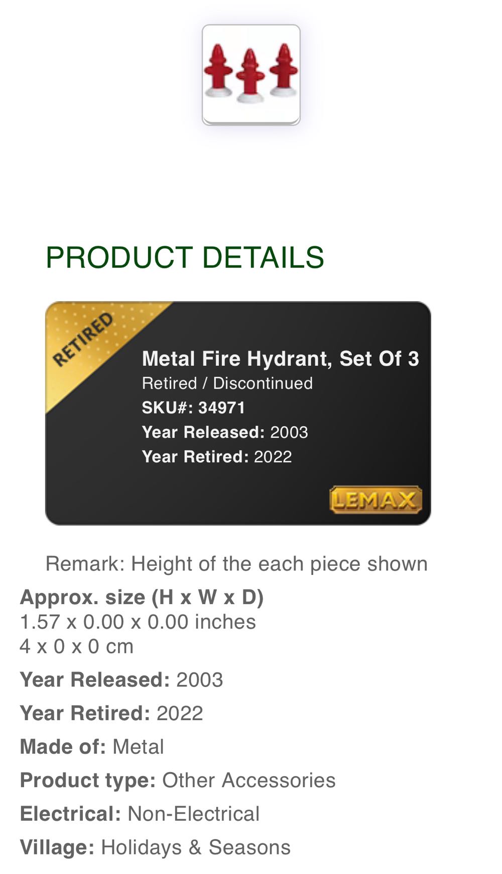 Metal Fire Hydrant Set Of 3 #34971 - General Products (Accessories) ornament collectible [Barcode 728162349712] - Main Image 3
