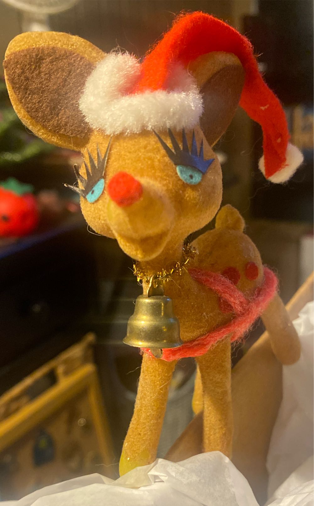 Vintage 1960s Flocked Reindeer With Bell - Vintage Christmas (1960s, Vintage, Reindeer) ornament collectible - Main Image 3